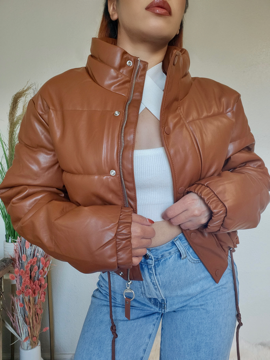 PU Leather Puffer Jacket -Brown