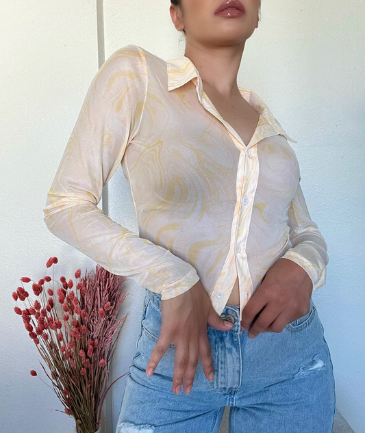 Long Sleeve Mesh Button up Top -Yellow/White