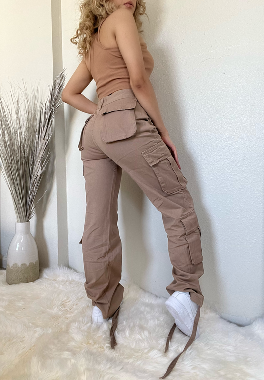 High Waisted Cargo Pants- Khaki