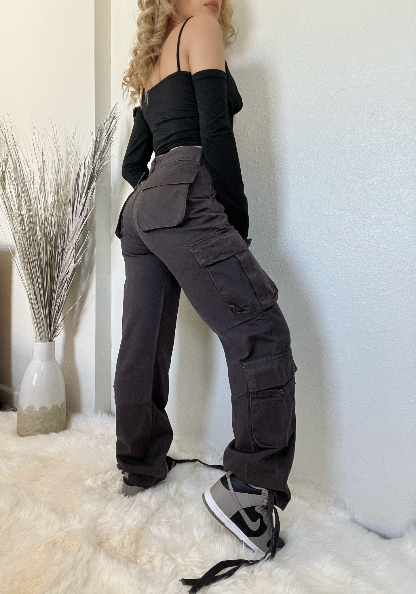 High Waisted Cargo Pants- Dark Grey