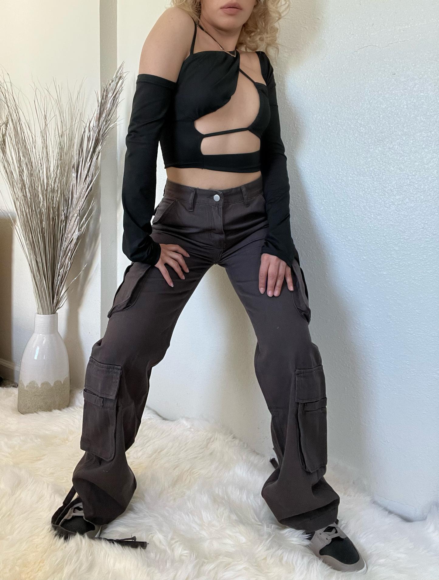 High Waisted Cargo Pants- Dark Grey