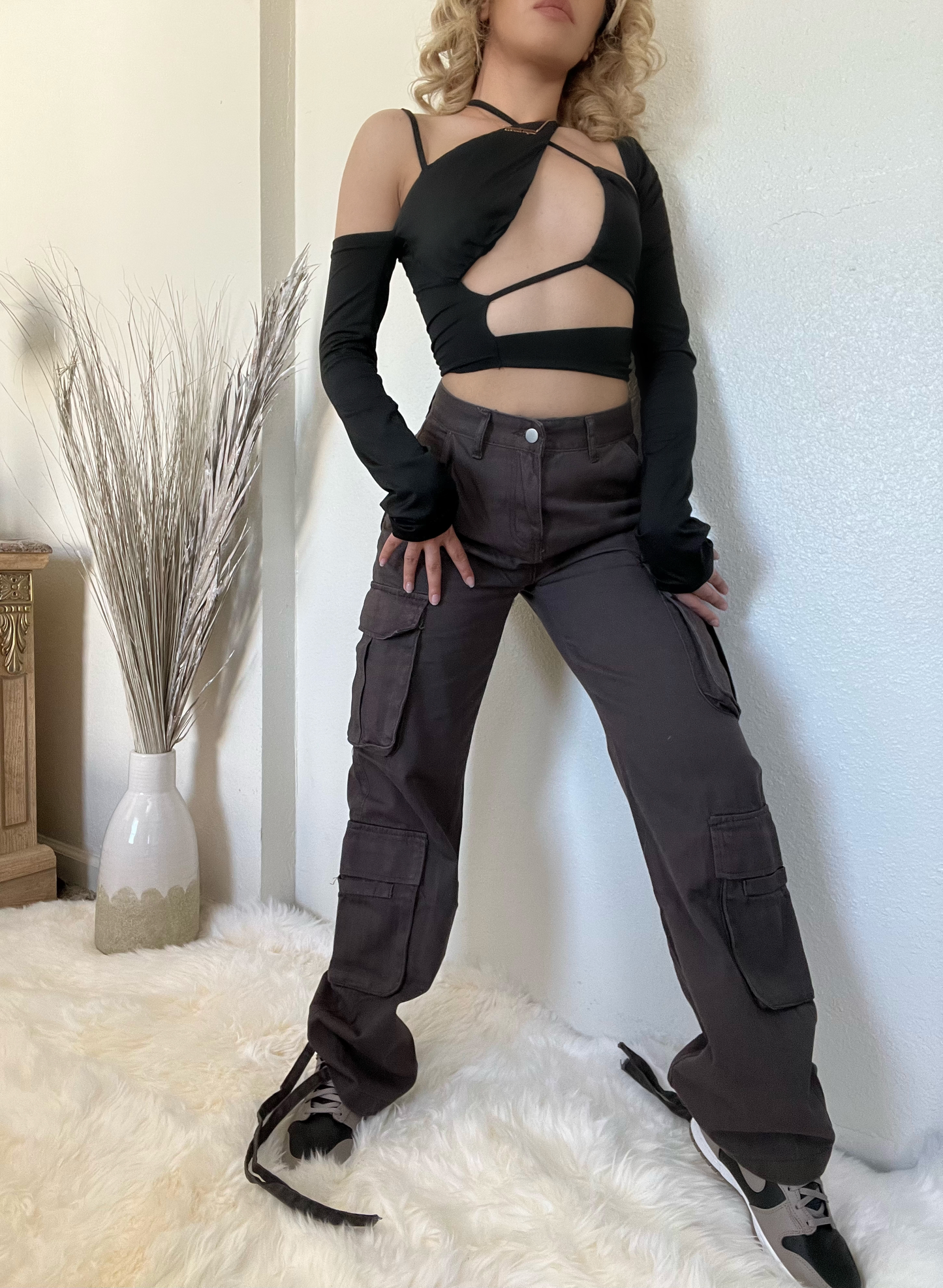 High Waisted Cargo Pants- Dark Grey