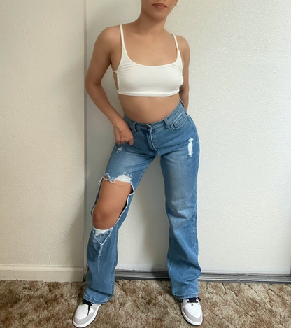 Distressed High Waisted Jeans -Medium Blue
