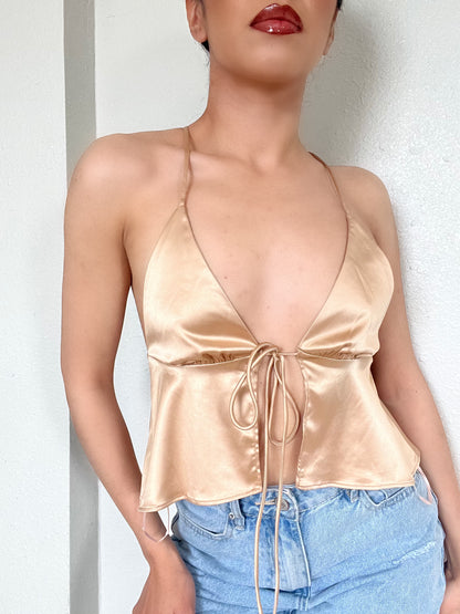 Satin Ruffle Tie Top -Sand