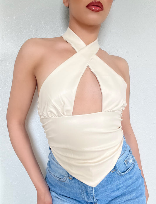 Vegan Leather Halter Corset Top -Cream